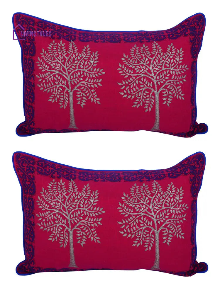 Rajasthan Décor Hand Block Floral Pink Color Cotton Cushion Cover Set Of 2 (12X18 Inches)