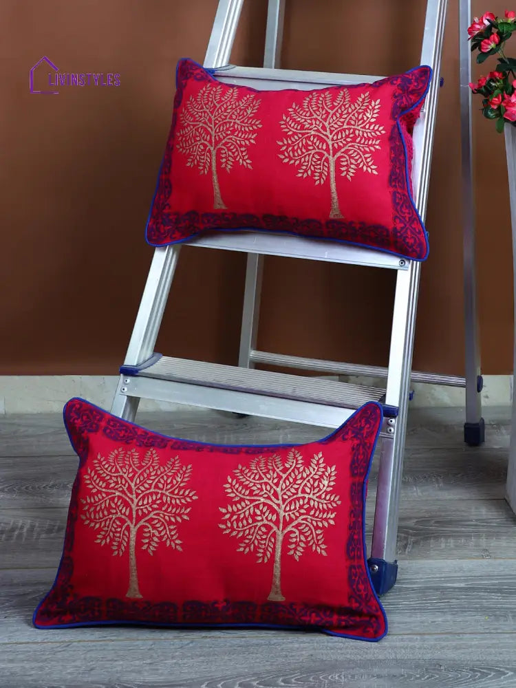 Rajasthan Décor Hand Block Floral Pink Color Cotton Cushion Cover Set Of 2 (12X18 Inches)