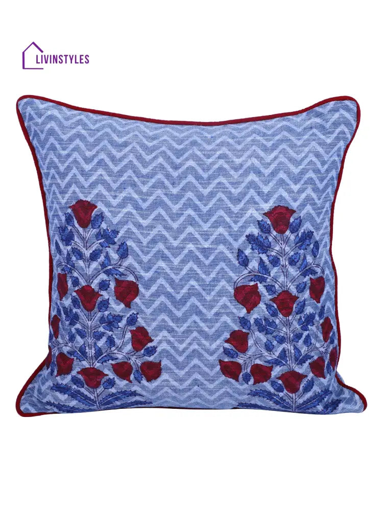 Rajasthan Décor Hand Block Floral Sky Blue Cotton Cushion Cover Set Of 2 (12X12 Inches)