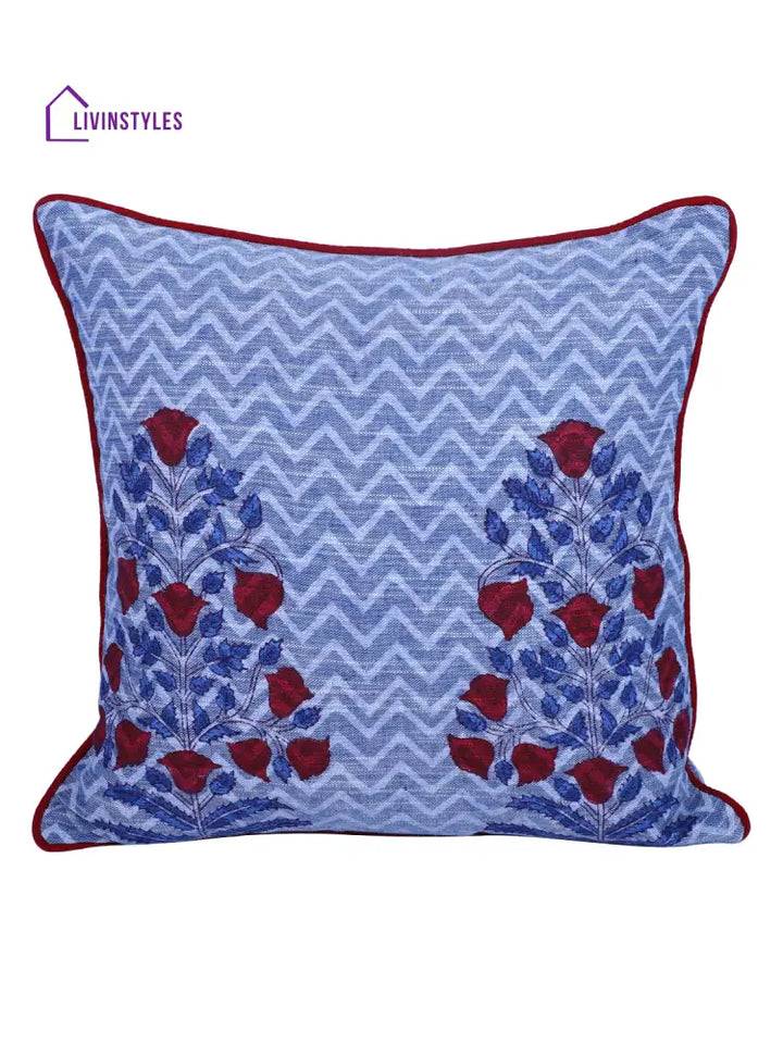Rajasthan Décor Hand Block Floral Sky Blue Cotton Cushion Cover Set Of 2 (12X12 Inches)