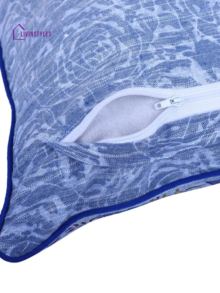 Rajasthan Décor Hand Block Floral Sky Blue Cotton Cushion Cover Set Of 2 (12X18 Inches)