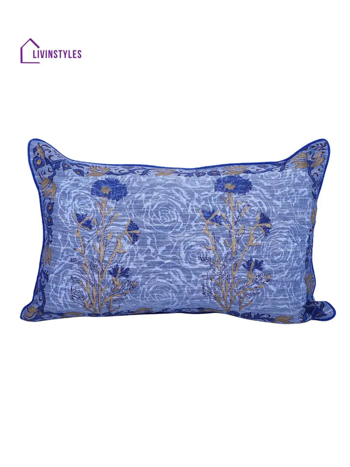 Rajasthan Décor Hand Block Floral Sky Blue Cotton Cushion Cover Set Of 2 (12X18 Inches)