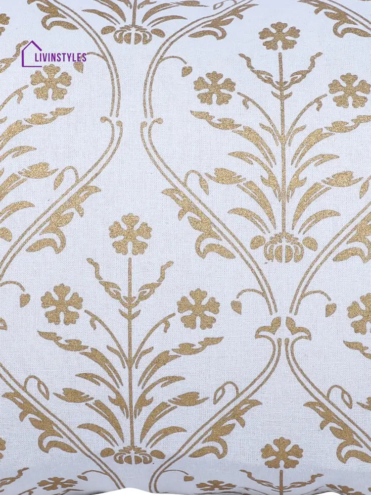 Rajasthan Décor Hand Block Floral White And Gold Cotton Cushion Cover Set Of 2 (12X18 Inches)
