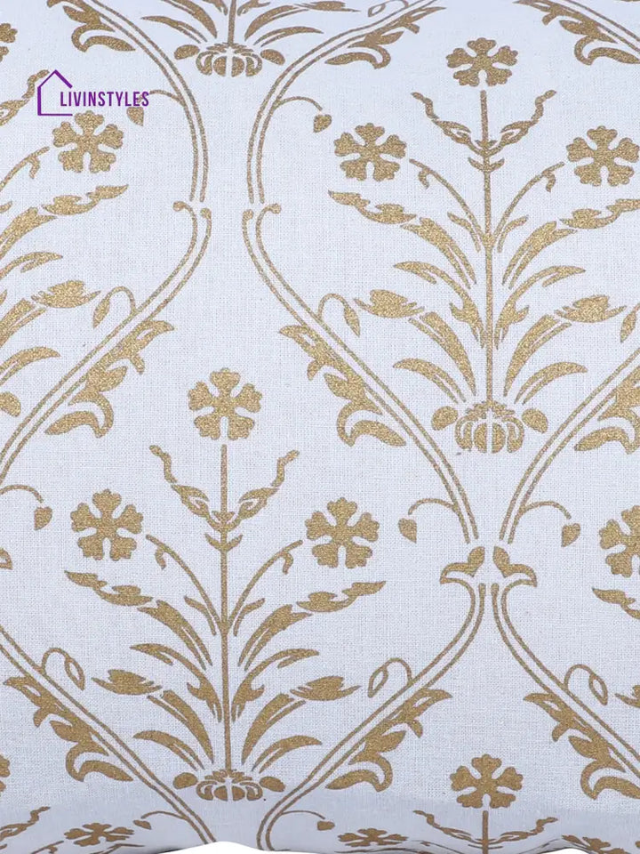 Rajasthan Décor Hand Block Floral White And Gold Cotton Cushion Cover Set Of 2 (12X18 Inches)