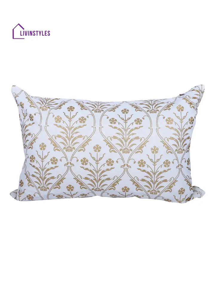 Rajasthan Décor Hand Block Floral White And Gold Cotton Cushion Cover Set Of 2 (12X18 Inches)