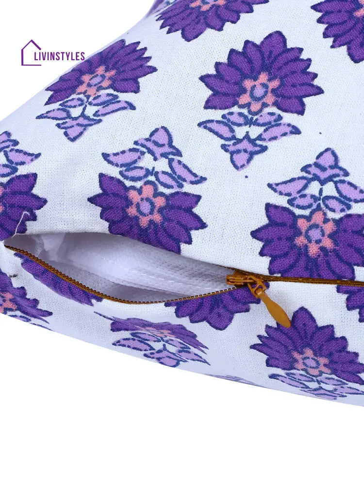 Rajasthan Décor Hand Block Floral White And Indigo Cotton Cushion Cover Set Of 2 (12X18 Inches)