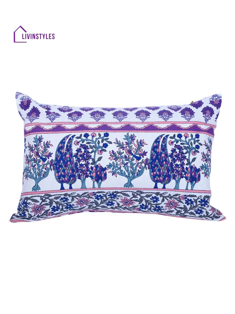 Rajasthan Décor Hand Block Floral White And Indigo Cotton Cushion Cover Set Of 2 (12X18 Inches)