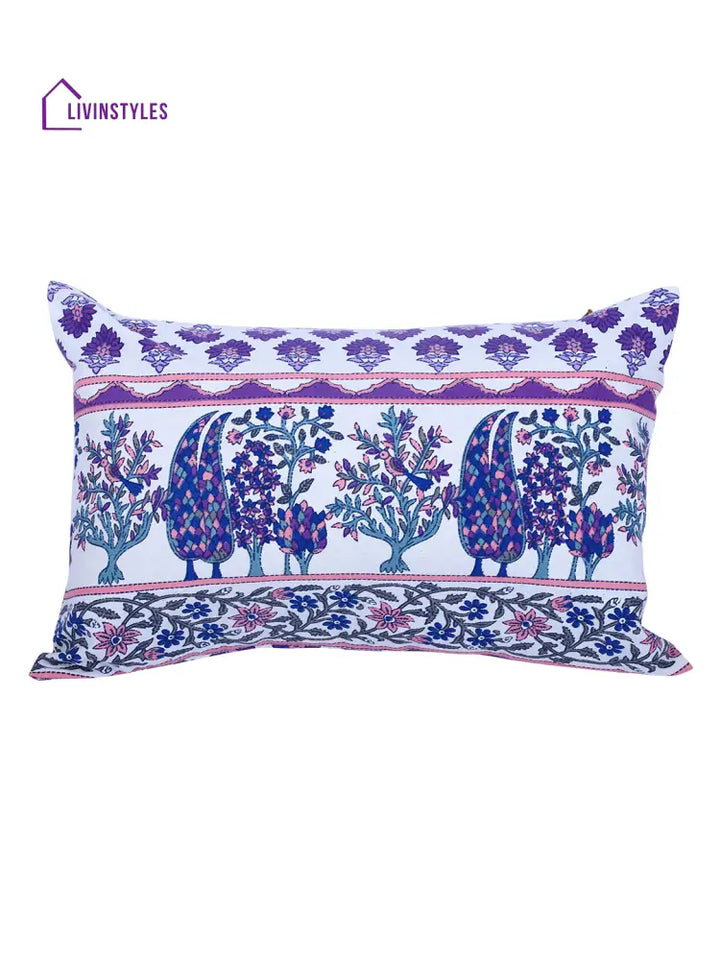 Rajasthan Décor Hand Block Floral White And Indigo Cotton Cushion Cover Set Of 2 (12X18 Inches)