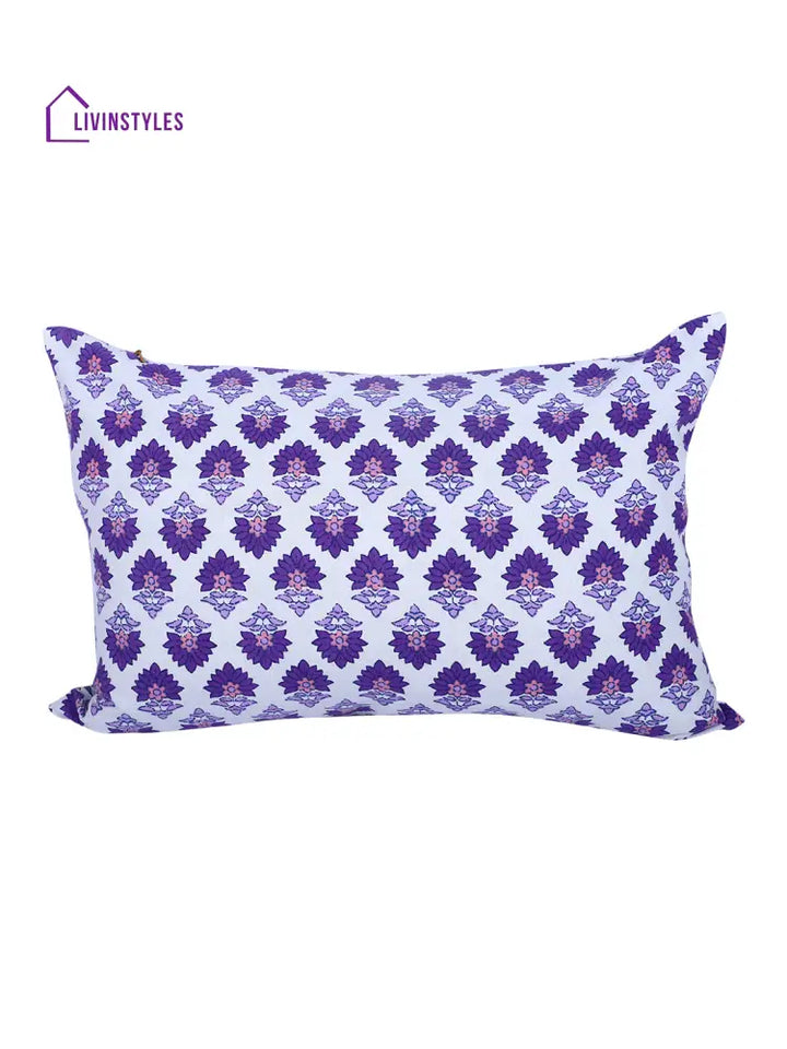 Rajasthan Décor Hand Block Floral White And Indigo Cotton Cushion Cover Set Of 2 (12X18 Inches)