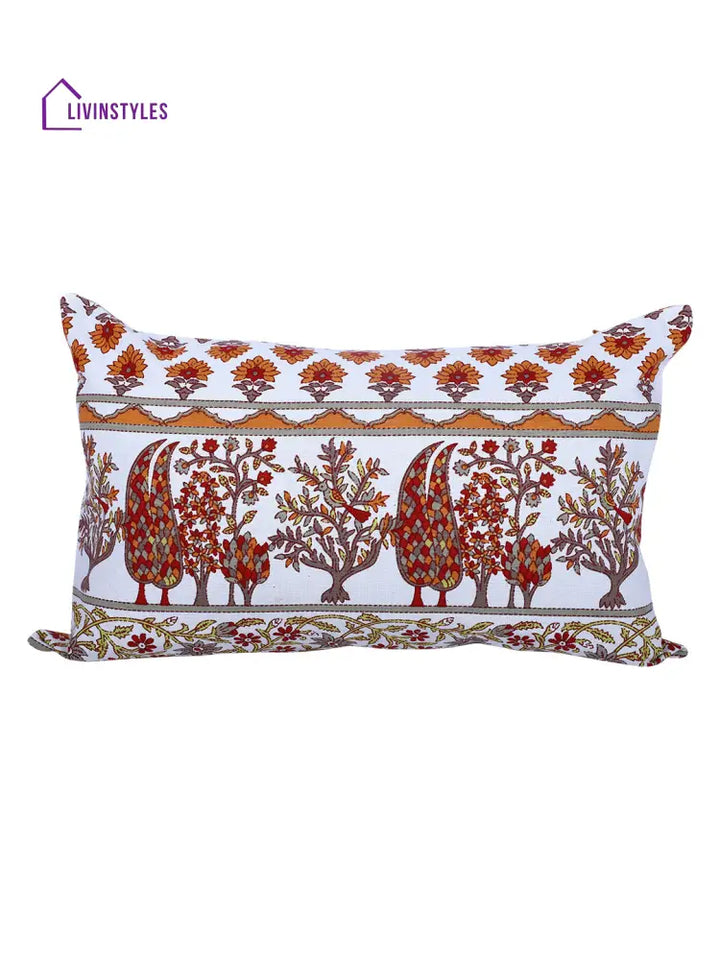 Rajasthan Décor Hand Block Floral White And Orange Cotton Cushion Cover Set Of 2 (12X18 Inches)