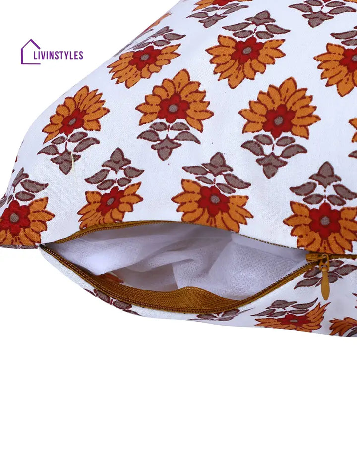 Rajasthan Décor Hand Block Floral White And Orange Cotton Cushion Cover Set Of 2 (12X18 Inches)