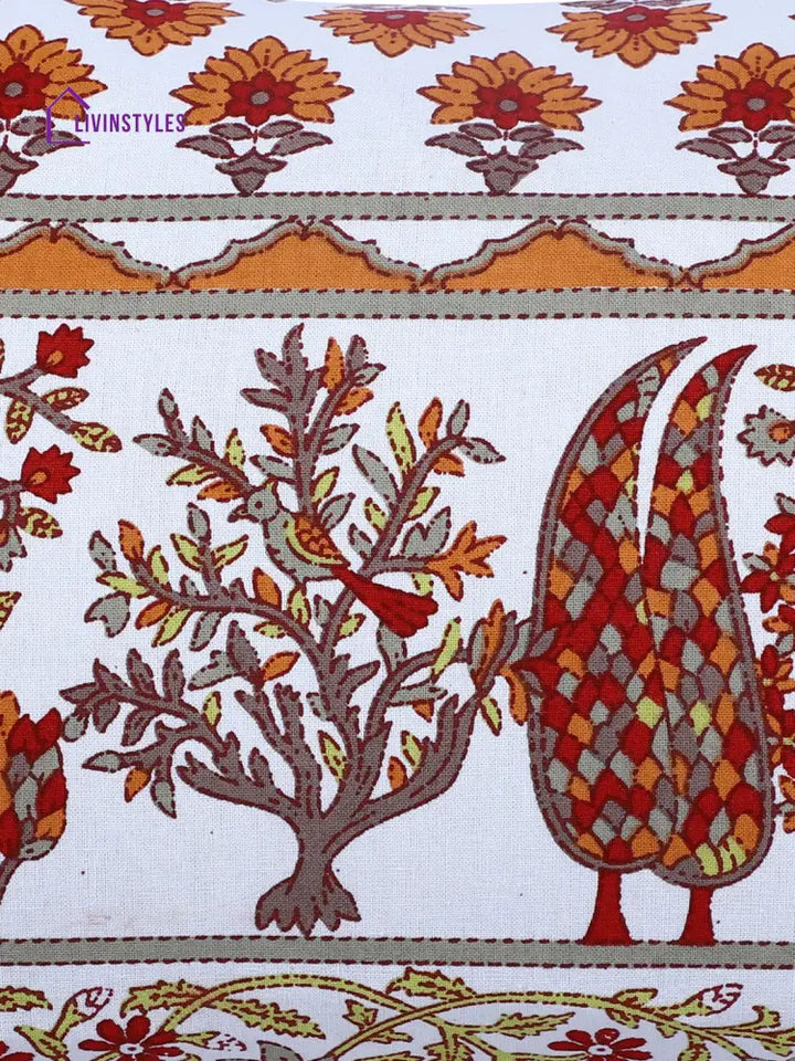 Rajasthan Décor Hand Block Floral White And Orange Cotton Cushion Cover Set Of 2 (12X18 Inches)