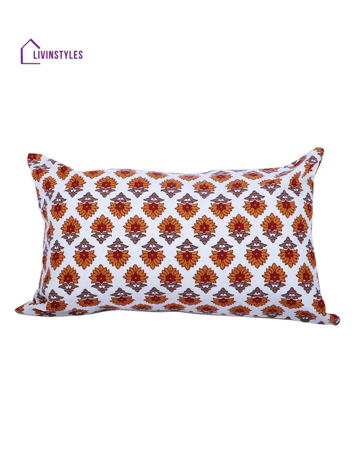 Rajasthan Décor Hand Block Floral White And Orange Cotton Cushion Cover Set Of 2 (12X18 Inches)