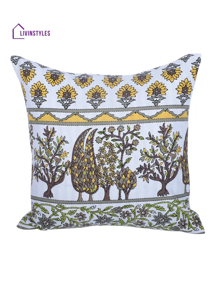 Rajasthan Décor Hand Block Floral White And Yellow Cotton Cushion Cover Set Of 2 (12X12 Inches)