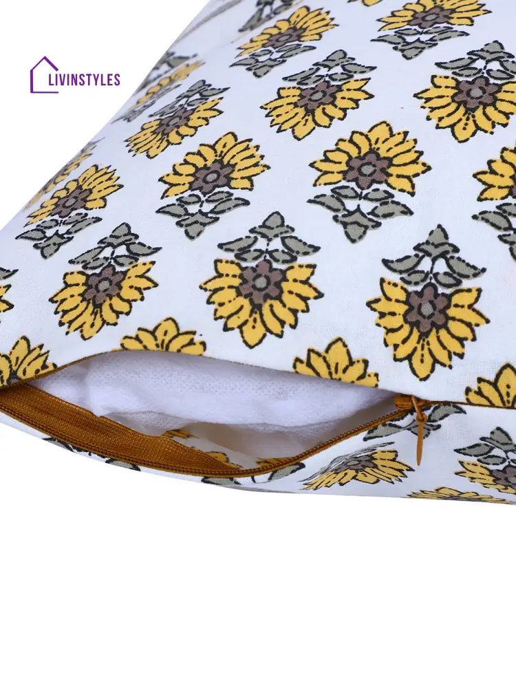 Rajasthan Décor Hand Block Floral White And Yellow Cotton Cushion Cover Set Of 2 (12X12 Inches)