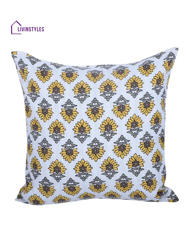 Rajasthan Décor Hand Block Floral White And Yellow Cotton Cushion Cover Set Of 2 (12X12 Inches)