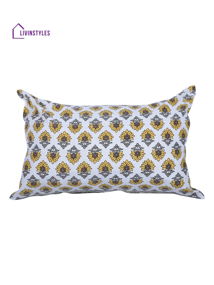 Rajasthan Décor Hand Block Floral White And Yellow Cotton Cushion Cover Set Of 2 (12X18 Inches)
