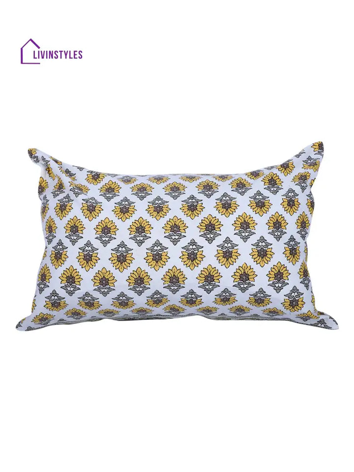 Rajasthan Décor Hand Block Floral White And Yellow Cotton Cushion Cover Set Of 2 (12X18 Inches)