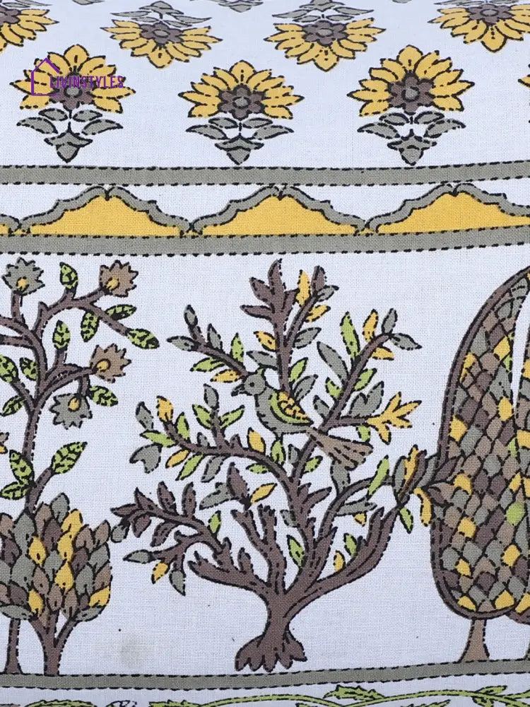 Rajasthan Décor Hand Block Floral White And Yellow Cotton Cushion Cover Set Of 2 (12X18 Inches)