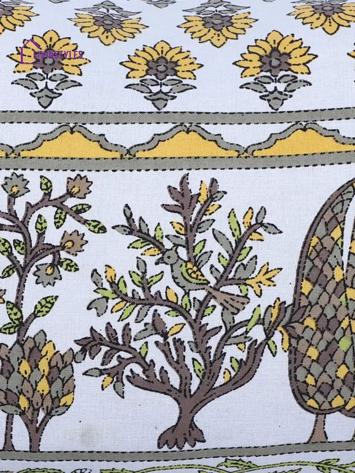 Rajasthan Décor Hand Block Floral White And Yellow Cotton Cushion Cover Set Of 2 (12X18 Inches)