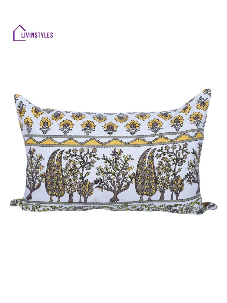 Rajasthan Décor Hand Block Floral White And Yellow Cotton Cushion Cover Set Of 2 (12X18 Inches)
