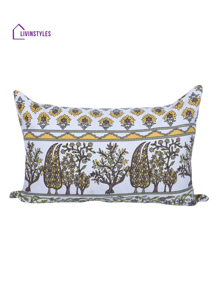 Rajasthan Décor Hand Block Floral White And Yellow Cotton Cushion Cover Set Of 2 (12X18 Inches)