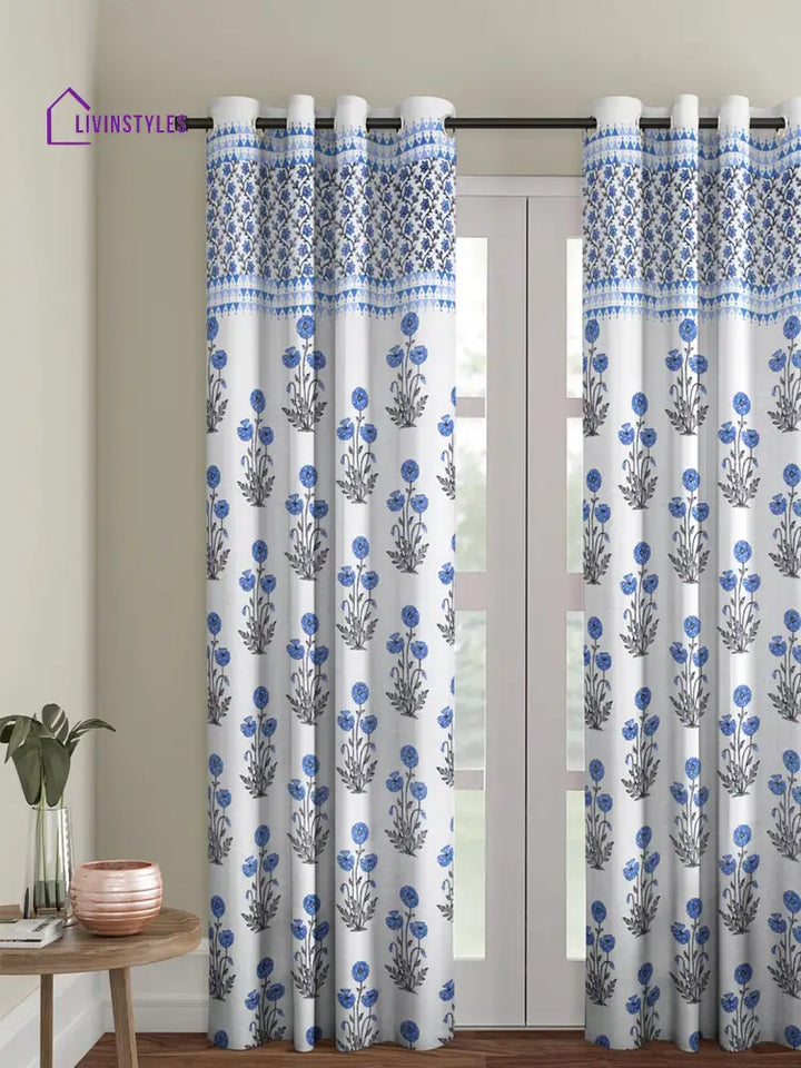 Rajasthan Decor Screen Print Cotton White And Blue Floral Long Door Curtain Single Pc (51X108 Inch)