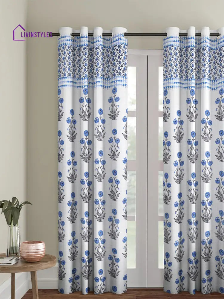 Rajasthan Decor Screen Print Cotton White And Blue Floral Long Door Curtain Single Pc (51X108 Inch)
