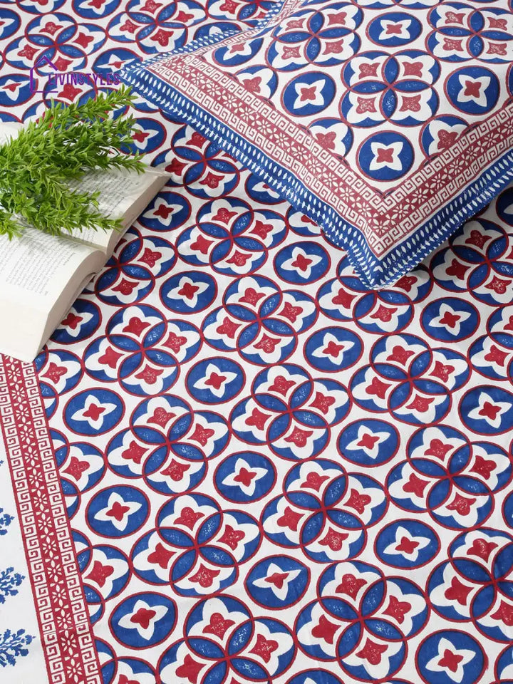 Rajasthan Decor White And Blue Floral Print Cotton King Bed Sheet With 2 Pillow Covers