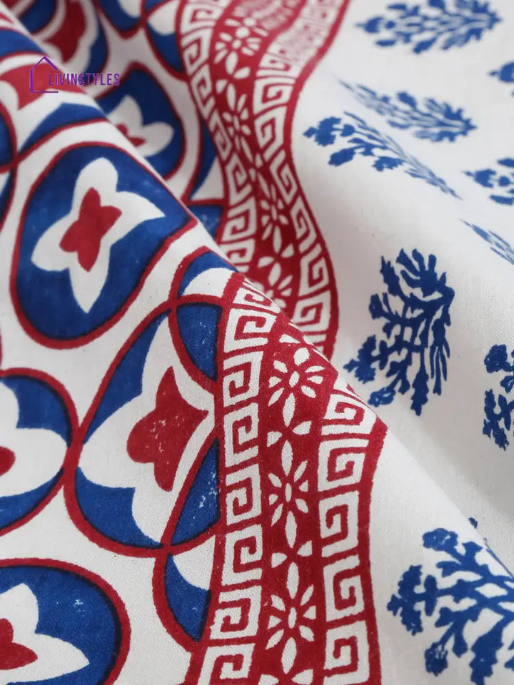 Rajasthan Decor White And Blue Floral Print Cotton King Bed Sheet With 2 Pillow Covers