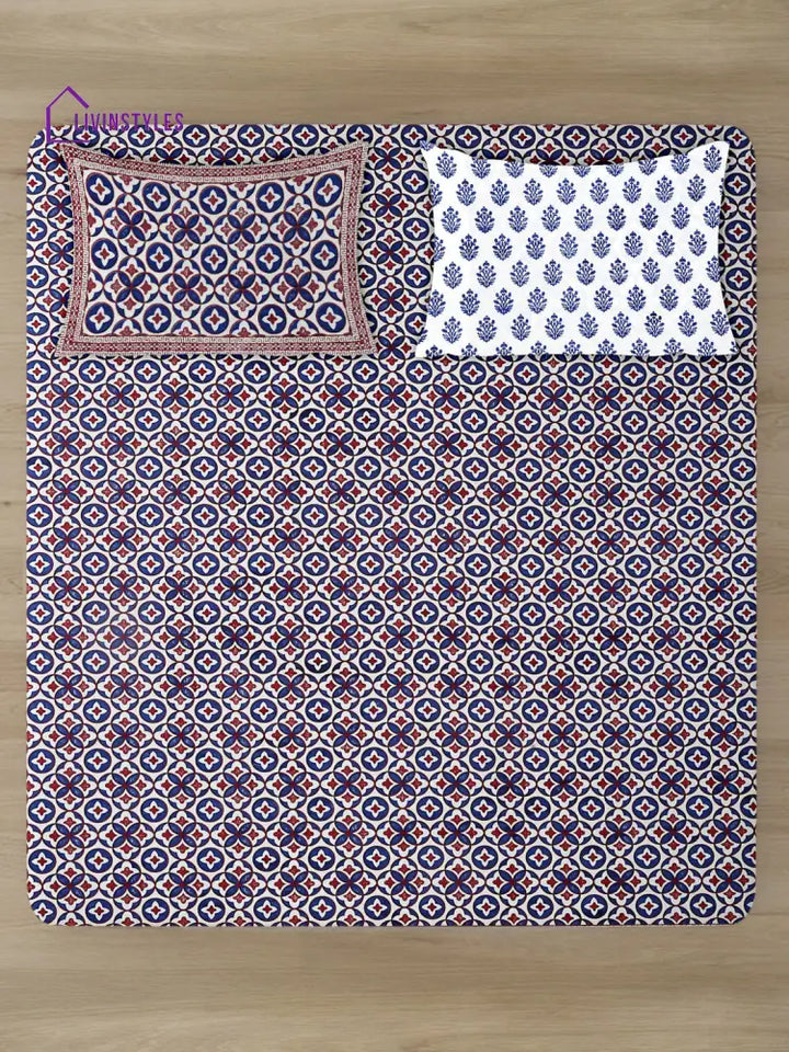 Rajasthan Decor White And Blue Floral Print Cotton King Bed Sheet With 2 Pillow Covers