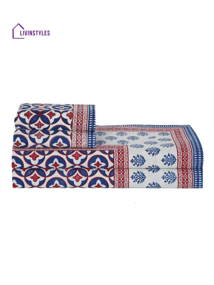 Rajasthan Decor White And Blue Floral Print Cotton King Bed Sheet With 2 Pillow Covers