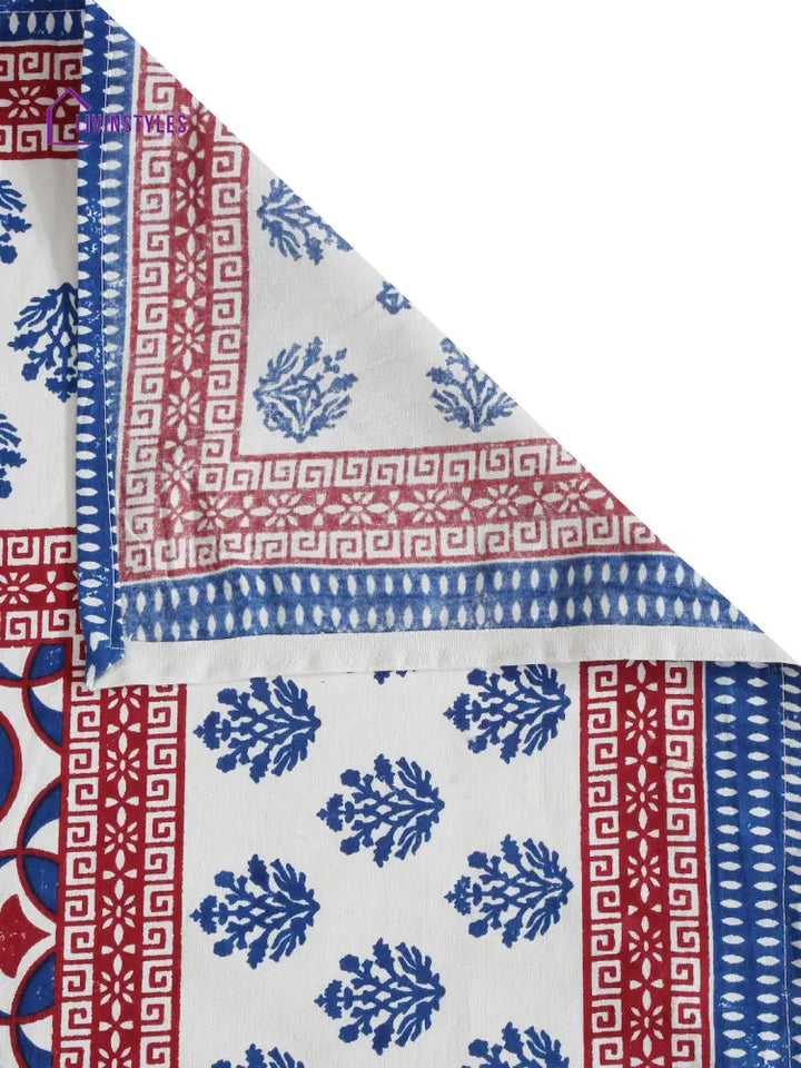 Rajasthan Decor White And Blue Floral Print Cotton King Bed Sheet With 2 Pillow Covers