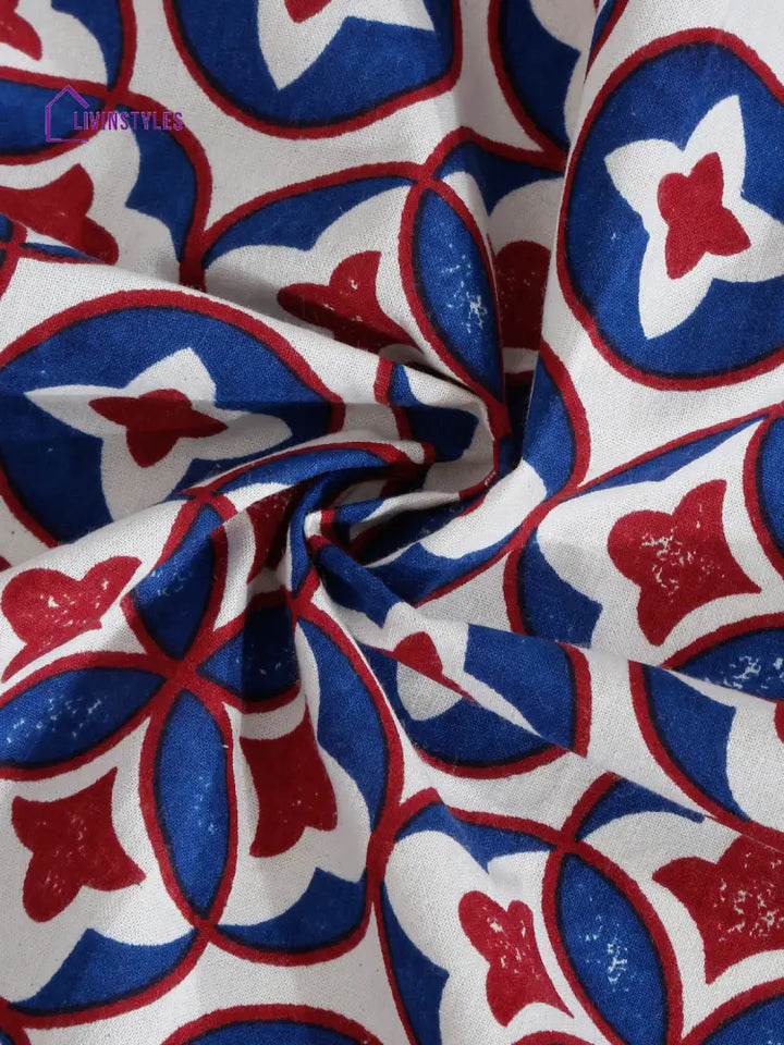 Rajasthan Decor White And Blue Floral Print Cotton King Bed Sheet With 2 Pillow Covers