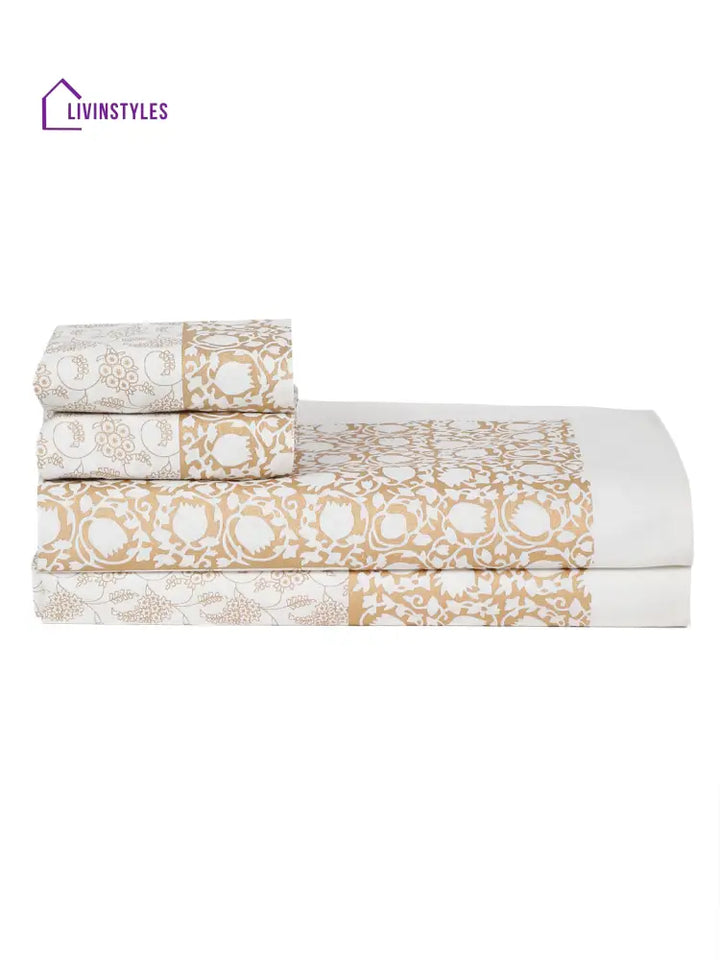 Rajasthan Decor White And Gold Cotton Floral Print King Bed Sheet With 2 Pillow Covers