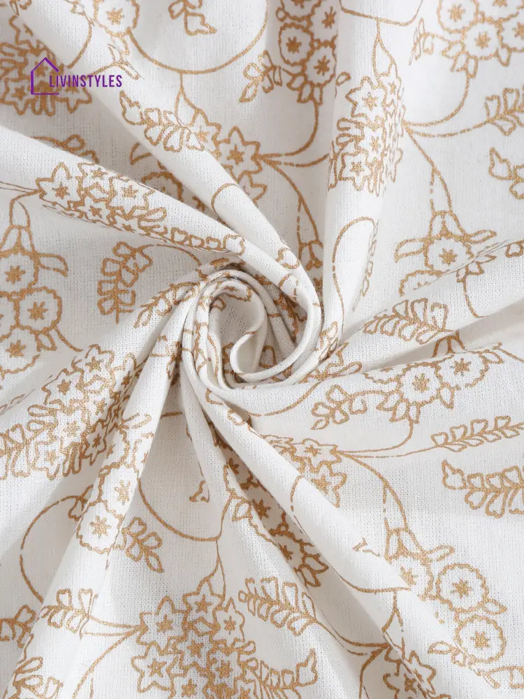 Rajasthan Decor White And Gold Cotton Floral Print King Bed Sheet With 2 Pillow Covers