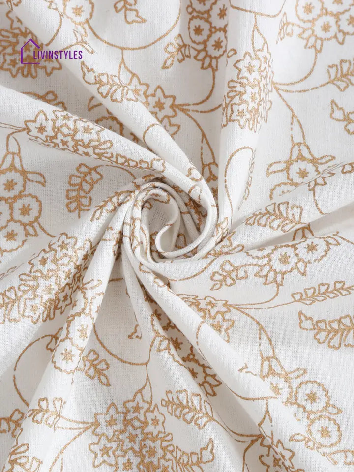 Rajasthan Decor White And Gold Cotton Floral Print King Bed Sheet With 2 Pillow Covers