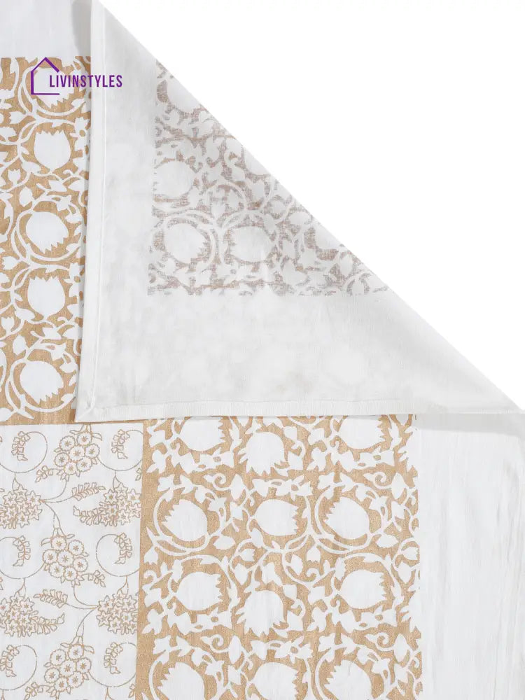 Rajasthan Decor White And Gold Cotton Floral Print King Bed Sheet With 2 Pillow Covers