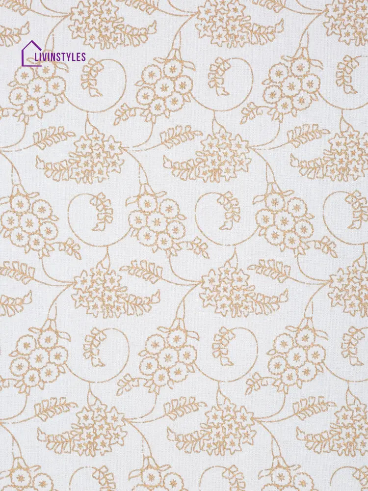 Rajasthan Decor White And Gold Cotton Floral Print King Bed Sheet With 2 Pillow Covers