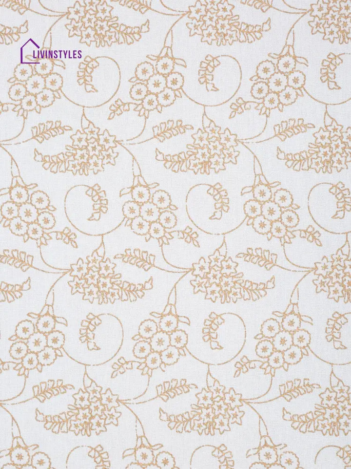 Rajasthan Decor White And Gold Cotton Floral Print King Bed Sheet With 2 Pillow Covers
