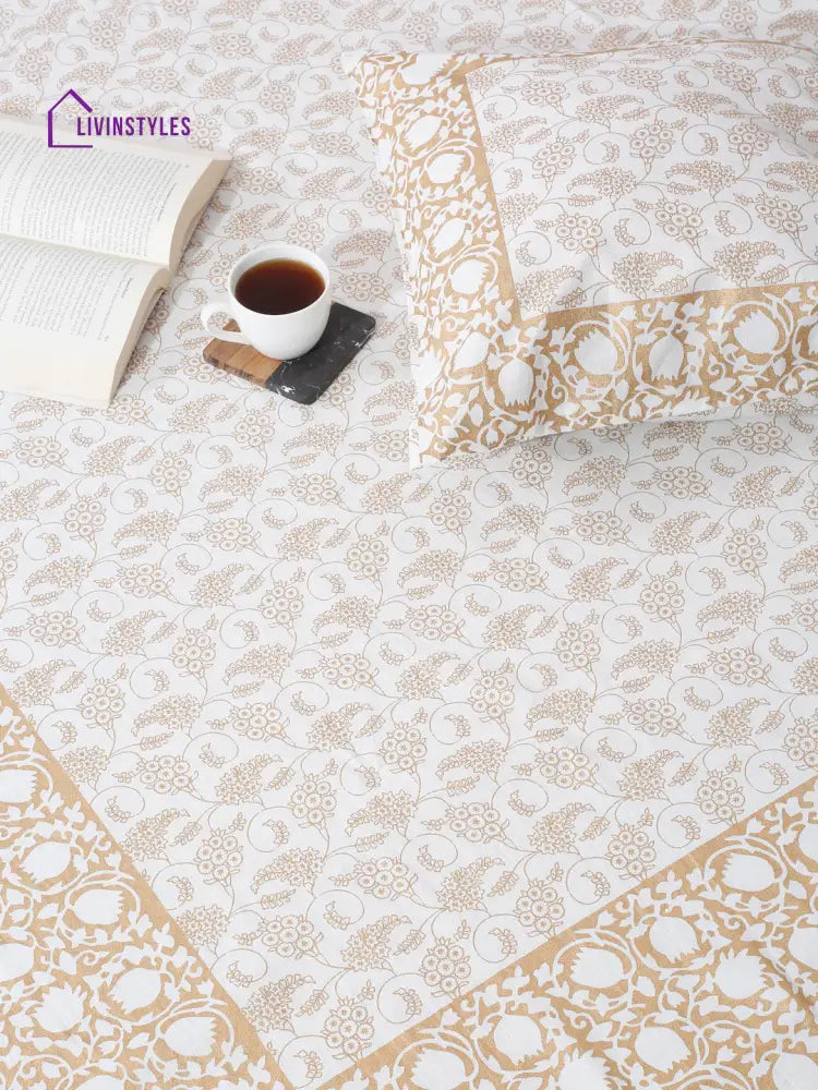 Rajasthan Decor White And Gold Cotton Floral Print King Bed Sheet With 2 Pillow Covers