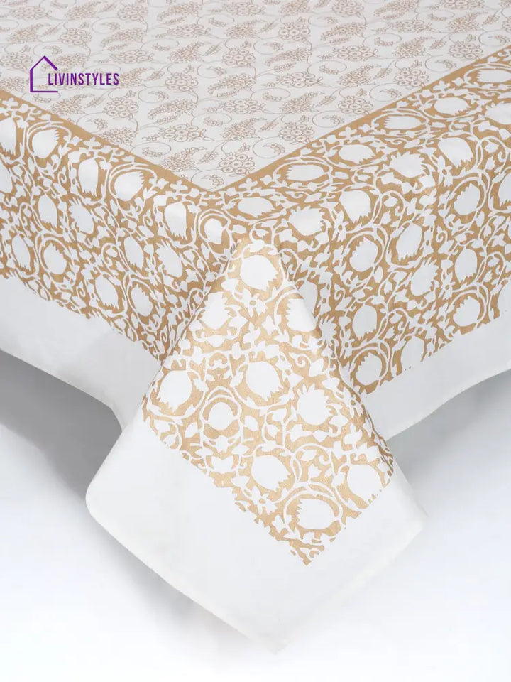 Rajasthan Decor White And Gold Cotton Floral Print King Bed Sheet With 2 Pillow Covers