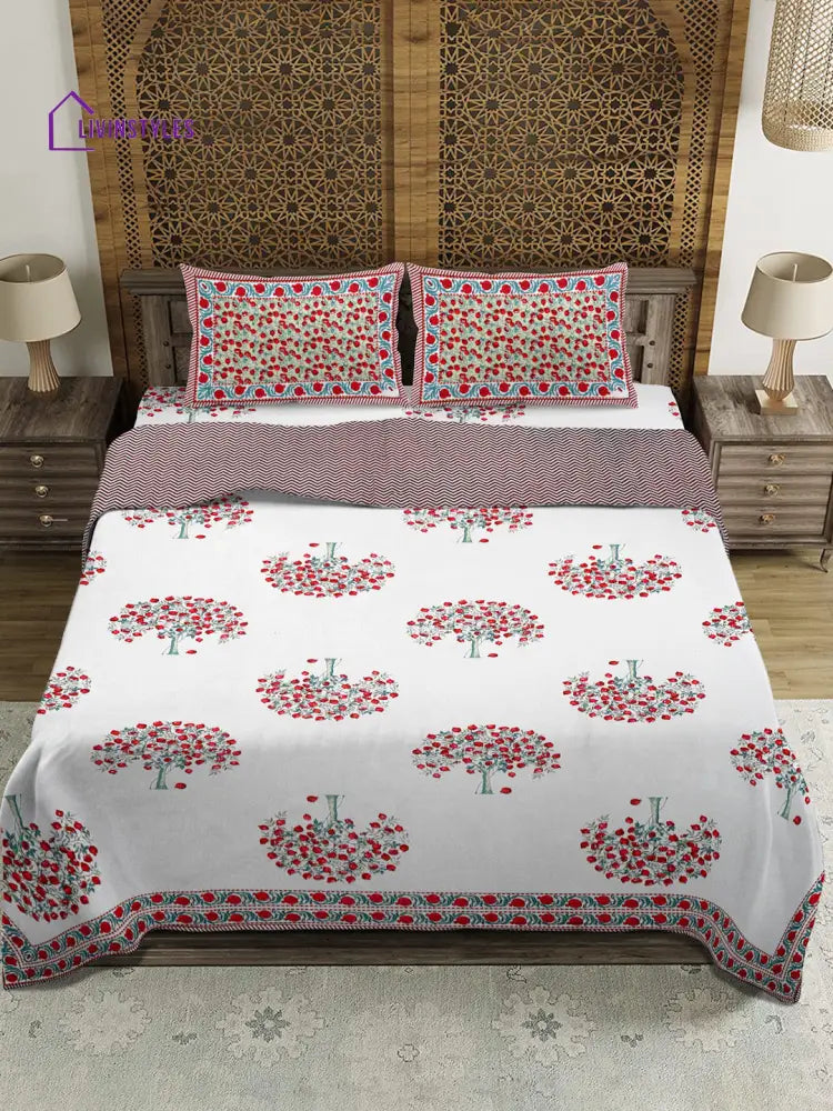 Rajasthan Decor White And Red Floral Print Reversible Jaipuri Double Bed Dohar