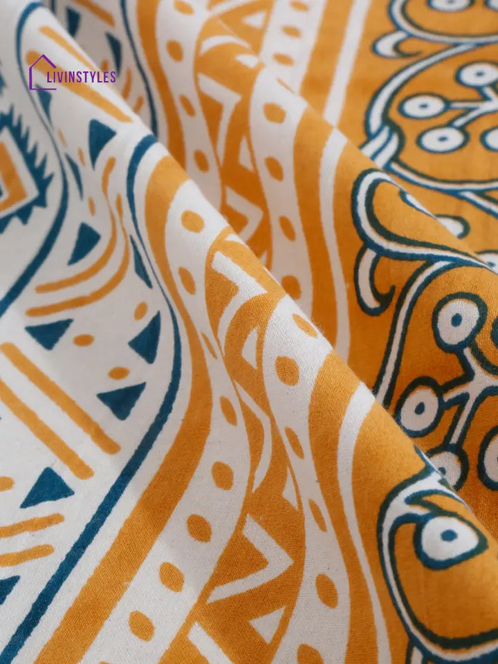 Rajasthan Decor White And Yellow Stripes Cotton King Bed Sheet With 2 Pillow Covers