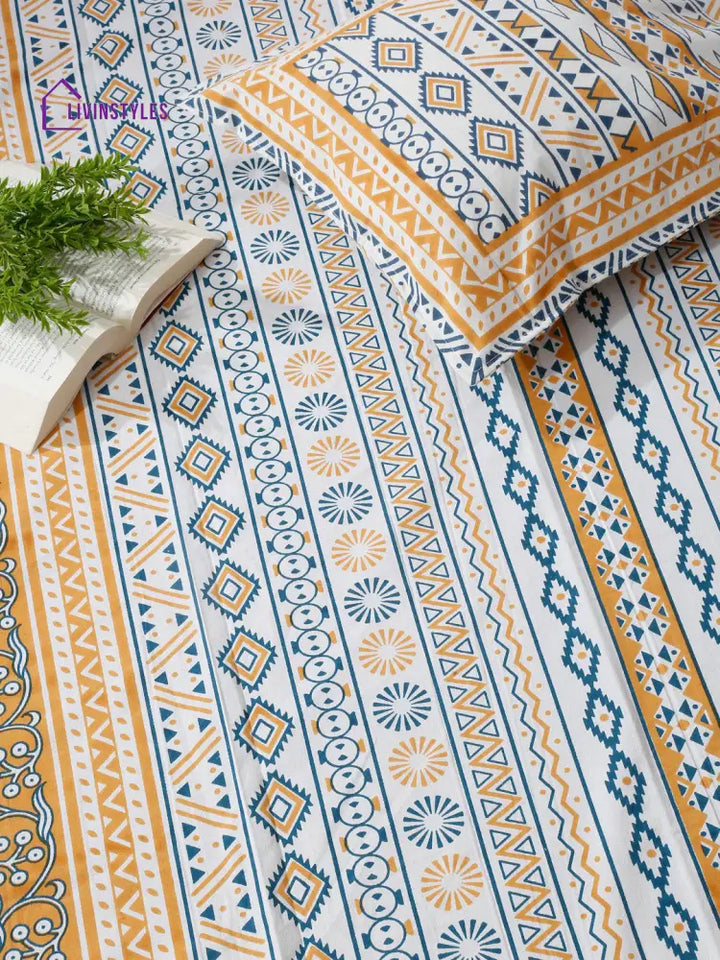 Rajasthan Decor White And Yellow Stripes Cotton King Bed Sheet With 2 Pillow Covers