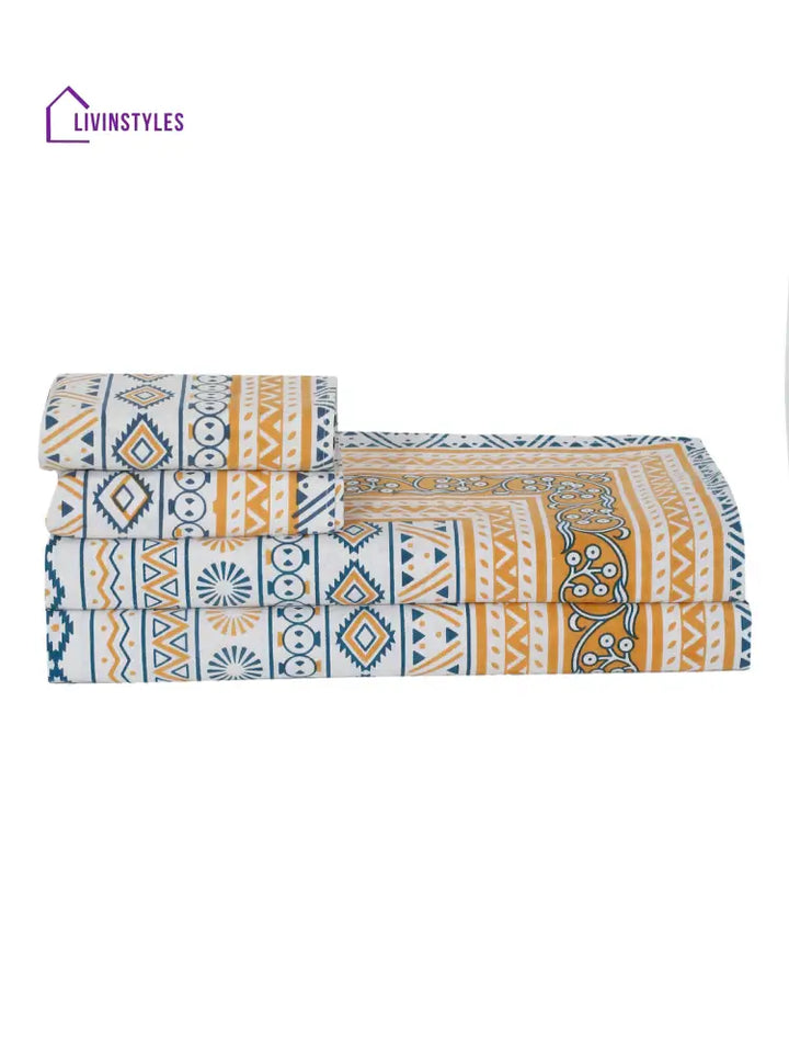 Rajasthan Decor White And Yellow Stripes Cotton King Bed Sheet With 2 Pillow Covers