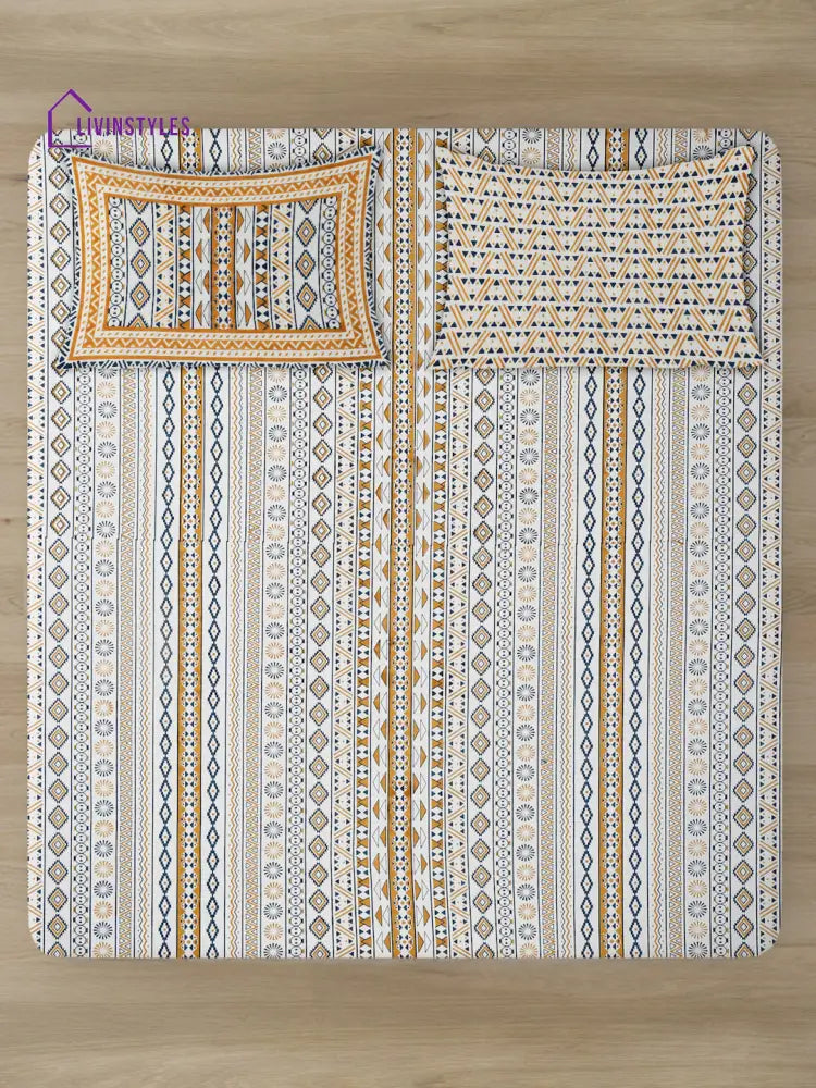 Rajasthan Decor White And Yellow Stripes Cotton King Bed Sheet With 2 Pillow Covers