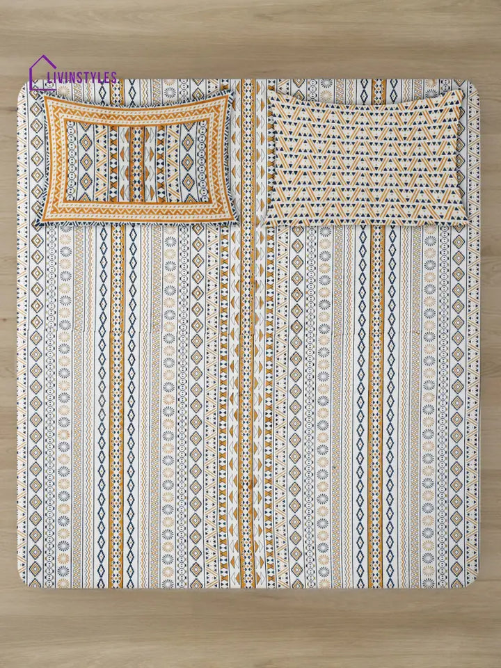 Rajasthan Decor White And Yellow Stripes Cotton King Bed Sheet With 2 Pillow Covers