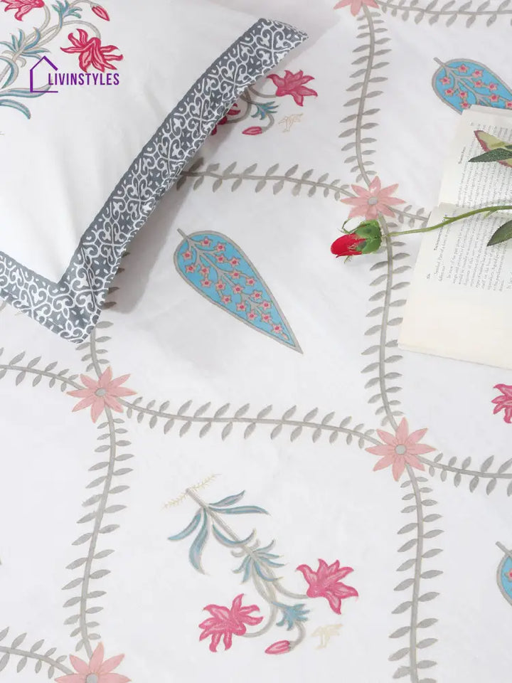 Rajasthan Decor White Cotton Floral Print Queen Bed Sheet With 2 Pillow Covers