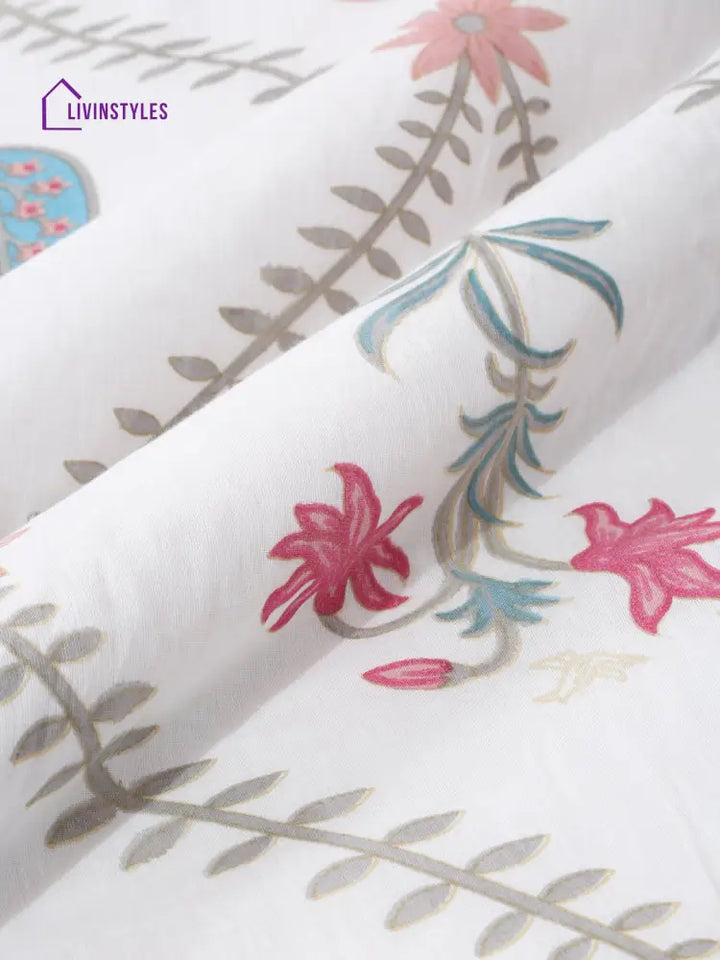 Rajasthan Decor White Cotton Floral Print Queen Bed Sheet With 2 Pillow Covers